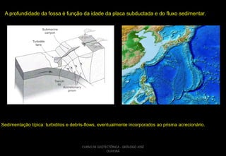 A profundidade da fossa é função da idade da placa subductada e do fluxo sedimentar.

Sedimentação típica: turbiditos e debris-flows, eventualmente incorporados ao prisma acrecionário.

CURSO DE GEOTECTÔNICA - GEÓLOGO JOSÉ
OLIVEIRA

 