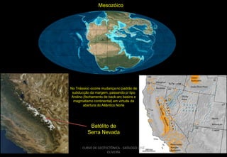 Mesozóico

No Triássico ocorre mudança no padrão de
subducção da margem, passando p/ tipo
Andino (fechamento de back-arc basins e
magmatismo continental) em virtude da
abertura do Atlântico Norte

Batólito de
Serra Nevada
CURSO DE GEOTECTÔNICA - GEÓLOGO JOSÉ
OLIVEIRA

 