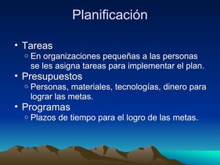 Planificación Tareas En organizaciones pequeñas a las personas se les asigna tareas para implementar el plan. Presupuestos Personas, materiales, tecnologías, dinero para lograr las metas. Programas Plazos de tiempo para el logro de las metas. 