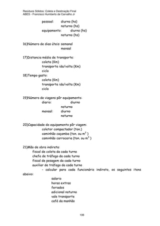 Resíduos Sólidos: Coleta e Destinação Final
ABES - Francisco Humberto de Carvalho Jr
106
pessoal: diurno (hs)
noturno (hs)
equipamento: diurno (hs)
noturno (hs)
16)Número de dias úteis: semanal
mensal
17)Distancia média de transporte:
coleta (Km)
transporte ida/volta (Km)
ciclo
18)Tempo gasto:
coleta (Km)
transporte ida/volta (Km)
ciclo
19)Número de viagens pôr equipamento:
diario: diurno
noturno
mensal: diurno
noturno
20)Capacidade do equipamento pôr viagem:
coletor compactador (ton.)
caminhão caçamba (ton. ou m3
)
caminhão carroceria (ton. ou m3
)
21)Mão de obra indireta:
fiscal de coleta da cada turno
chefe de tráfego da cada turno
fiscal de pesagem da cada turno
auxiliar de tráfego da cada turno
- calcular para cada funcionário indireto, os seguintes itens
abaixo:
salario
horas extras
feriados
adicional noturno
vale transporte
café da manhão
 