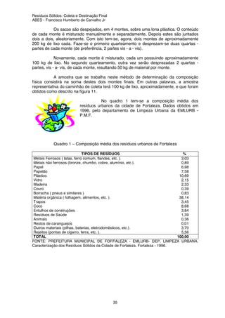 Resíduos Sólidos: Coleta e Destinação Final
ABES - Francisco Humberto de Carvalho Jr
35
Os sacos são despejados, em 4 montes, sobre uma lona plástica. O conteúdo
de cada monte é misturado manualmente e separadamente. Depois estes são juntados
dois a dois, aleatoriamente. Com isto tem-se, agora, dois montes de aproximadamente
200 kg de lixo cada. Faze-se o primeiro quarteamento e desprezam-se duas quartas -
partes de cada monte (de preferência, 2 partes vis - a - vis).
Novamente, cada monte é misturado, cada um possuindo aproximadamente
100 kg de lixo. No segundo quarteamento, outra vez serão desprezadas 2 quartas -
partes, vis - a- vis, de cada monte, resultando 50 kg de material por monte.
A amostra que se trabalha neste método de determinação da composição
física consistirá na soma destes dois montes finais. Em outras palavras, a amostra
representativa do caminhão de coleta terá 100 kg de lixo, aproximadamente, e que foram
obtidos como descrito na figura 11.
No quadro 1 tem-se a composição média dos
resíduos urbanos da cidade de Fortaleza. Dados obtidos em
1996, pelo departamento de Limpeza Urbana da EMLURB -
P.M.F.
Quadro 1 – Composição média dos resíduos urbanos de Fortaleza
TIPOS DE RESÍDUOS %
Metais Ferrosos ( latas, ferro comum, flandes, etc. ). 3,03
Metais não ferrosos (bronze, chumbo, cobre, alumínio, etc.). 0,89
Papel 6,98
Papelão 7,58
Plástico 10,69
Vidro 2,15
Madeira 2,33
Couro 0,39
Borracha ( pneus e similares ) 0,83
Matéria orgânica ( folhagem, alimentos, etc. ). 38,14
Trapos 3,45
Coco 8,68
Entulhos de construções 3,84
Resíduos de Saúde 1,39
Animais 0,36
Restos de caranguejos 0,01
Outros materiais (pilhas, baterias, eletrodomésticos, etc.). 3,70
Rejeitos (pontas de cigarro, terra, etc. ). 5,56
TOTAL 100,00
FONTE: PREFEITURA MUNICIPAL DE FORTALEZA - EMLURB- DEP. LIMPEZA URBANA.
Caracterização dos Resíduos Sólidos da Cidade de Fortaleza. Fortaleza - 1996.
 