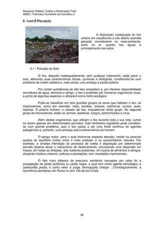 Resíduos Sólidos: Coleta e Destinação Final
ABES - Francisco Humberto de Carvalho Jr
38
5 - LIXO E POLUIÇÃO
A disposição inadequada do lixo
urbano em vazadouros a céu aberto acarreta
poluição considerável no meio-ambiente,
tanto no ar, quanto nas águas e
principalmente nos solos.
5.1 - Poluição do Solo
O lixo, disposto inadequadamente, sem qualquer tratamento, pode poluir o
solo, alterando suas características físicas, químicas e biológicas, constituindo-se num
problema de ordem estética e, mais ainda, uma ameaça à saúde pública.
Por conter substâncias de alto teor energético e, por oferecer disponibilidade
simultânea de água, alimento e abrigo, o lixo é preferido pôr inúmeros organismos vivos,
a ponto de algumas espécies o utilizarem como nicho ecológico.
Pode-se classificar em dois grandes grupos os seres que habitam o lixo: os
macrovetores, como por exemplo: ratos, baratas, moscas, cachorros, suínos, aves,
eqüinos. O próprio homem, o catador de lixo, enquadra-se neste grupo. No segundo
grupo de microvetores, estão os vermes, bactérias, fungos, actinomicetos e vírus.
Além destes organismos, que utilizam o lixo durante toda a sua vida, outros
os fazem apenas em determinados períodos. Este fenômeno migratório pode constituir-
se num grande problema, pois o lixo passa a ser uma fonte contínua de agentes
patogênicos e, portanto, uma ameaça real à sobrevivência do homem.
O perigo maior, para o qual chama-se especial atenção, reside na possível
quebra do equilíbrio cíclico entre o meio produtor e os consumidores naturais. Por
exemplo, a simples interdição do processo de coleta e disposição por determinado
período poderia ativar o mecanismo de deslocamento, provocando uma dispersão em
massa, em todas as direções, dos roedores presentes, em busca de alimentos e abrigos,
atingindo núcleos urbanos, culturas e plantações, com resultados imprevisíveis.
O fato mais clássico de prejuízos sanitários causados por ratos foi a
propagação da peste bubônica ou peste negra, a qual tem como agente etimológico a
pasteurella pestis, e como vetor a pulga Xenospsylla cheops . Cronologicamente, a
ocorrência aconteceu em Roma no ano 150 da era Cristã.
 