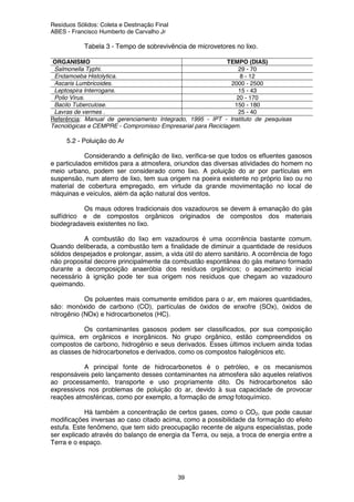 Resíduos Sólidos: Coleta e Destinação Final
ABES - Francisco Humberto de Carvalho Jr
39
Tabela 3 - Tempo de sobrevivência de microvetores no lixo.
ORGANISMO TEMPO (DIAS)
Salmonella Typhi. 29 - 70
Endamoeba Histolytica. 8 - 12
Ascaris Lumbricoides. 2000 - 2500
Leptospira Interrogans. 15 - 43
Polio Virus. 20 - 170
Bacilo Tuberculose. 150 - 180
Lavras de vermes . 25 - 40
Referência: Manual de gerenciamento Integrado, 1995 - IPT - Instituto de pesquisas
Tecnológicas e CEMPRE - Compromisso Empresarial para Reciclagem.
5.2 - Poluição do Ar
Considerando a definição de lixo, verifica-se que todos os efluentes gasosos
e particulados emitidos para a atmosfera, oriundos das diversas atividades do homem no
meio urbano, podem ser considerado como lixo. A poluição do ar por partículas em
suspensão, num aterro de lixo, tem sua origem na poeira existente no próprio lixo ou no
material de cobertura empregado, em virtude da grande movimentação no local de
máquinas e veículos, além da ação natural dos ventos.
Os maus odores tradicionais dos vazadouros se devem à emanação do gás
sulfídrico e de compostos orgânicos originados de compostos dos materiais
biodegradaveis existentes no lixo.
A combustão do lixo em vazadouros é uma ocorrência bastante comum.
Quando deliberada, a combustão tem a finalidade de diminuir a quantidade de resíduos
sólidos despejados e prolongar, assim, a vida útil do aterro sanitário. A ocorrência de fogo
não proposital decorre principalmente da combustão espontânea do gás metano formado
durante a decomposição anaeróbia dos resíduos orgânicos; o aquecimento inicial
necessário à ignição pode ter sua origem nos resíduos que chegam ao vazadouro
queimando.
Os poluentes mais comumente emitidos para o ar, em maiores quantidades,
são: monóxido de carbono (CO), partículas de óxidos de enxofre (SOx), óxidos de
nitrogênio (NOx) e hidrocarbonetos (HC).
Os contaminantes gasosos podem ser classificados, por sua composição
química, em orgânicos e inorgânicos. No grupo orgânico, estão compreendidos os
compostos de carbono, hidrogênio e seus derivados. Esses últimos incluem ainda todas
as classes de hidrocarbonetos e derivados, como os compostos halogênicos etc.
A principal fonte de hidrocarbonetos é o petróleo, e os mecanismos
responsáveis pelo lançamento desses contaminantes na atmosfera são aqueles relativos
ao processamento, transporte e uso propriamente dito. Os hidrocarbonetos são
expressivos nos problemas de poluição do ar, devido à sua capacidade de provocar
reações atmosféricas, como por exemplo, a formação de smog fotoquímico.
Há também a concentração de certos gases, como o CO2, que pode causar
modificações inversas ao caso citado acima, como a possibilidade da formação do efeito
estufa. Este fenômeno, que tem sido preocupação recente de alguns especialistas, pode
ser explicado através do balanço de energia da Terra, ou seja, a troca de energia entre a
Terra e o espaço.
 
