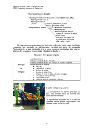Resíduos Sólidos: Coleta e Destinação Final
ABES - Francisco Humberto de Carvalho Jr
45
Algumas estratégias de ação:
- Abordagem direta individual porta a porta (RESID. COM. ETC.)
- Abordagem em veículo
- Abordagem de rua
- Grupos palestras, seminários, cursos
oficinas, gincanas, teatro
- campanhas de massa eventos de impacto
exposições
distribuição de botons,
adesivos, cartazes, e peças
publicitárias
utilização dos meios de
comunicação de massa
(TV, rádio, jornais).
Um bom gerenciamento desses serviços, que estão entre os de maior visibilidade,
representa boa aceitação da administração municipal por parte da população.
Adicionalmente, a sua otimização leva a uma economia significativa dos recursos
públicos. Os serviços de limpeza estão indicados no Quadro 3.
Quadro 3 – Serviços de Limpeza
Acondicionamento
Coleta e transporte do lixo domiciliar
Coleta e transporte do lixo dos serviços de saúde e hospitalar
Serviços
de
Limpeza
Outros serviços de limpeza
• varrição
• capinação e roçagem
• limpeza de praias
• limpeza de feiras livres
• limpeza de boca-de-lobo, galerias e córregos
• remoção de animais mortos
• pintura de meio-fio
• coleta de resíduos volumosos e entulho
O poder público deve garantir:
- A universalidade do serviço prestado, ou
seja, todo cidadão deve ser servido pela
coleta de lixo domiciliar.
- A regularidade da coleta, isto é, os veículos
coletores devem passar regularmente nos
mesmos locais e dias da coleta.
 
