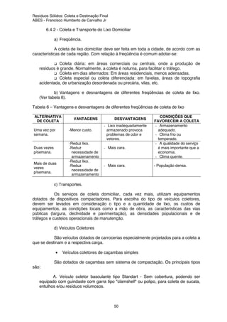 Resíduos Sólidos: Coleta e Destinação Final
ABES - Francisco Humberto de Carvalho Jr
50
6.4.2 - Coleta e Transporte do Lixo Domiciliar
a) Freqüência.
A coleta de lixo domiciliar deve ser feita em toda a cidade, de acordo com as
características de cada região. Com relação à freqüência é comum adotar-se:
Coleta diária: em áreas comerciais ou centrais, onde a produção de
resíduos é grande. Normalmente, a coleta é noturna, para facilitar o tráfego.
Coleta em dias alternados: Em áreas residenciais, menos adensadas.
Coleta especial ou coleta diferenciada: em favelas, áreas de topografia
acidentada, de urbanização desordenada ou precária, vilas, etc.
b) Vantagens e desvantagens de diferentes freqüências de coleta de lixo.
(Ver tabela 6).
Tabela 6 – Vantagens e desvantagens de diferentes freqüências de coleta de lixo
ALTERNATIVA
DE COLETA
VANTAGENS DESVANTAGENS
CONDIÇÕES QUE
FAVORECEM A COLETA
Uma vez por
semana.
-Menor custo.
- Lixo inadequadamente
armazenado provoca
problemas de odor e
vetores.
- Armazenamento
adequado.
- Clima frio ou
temperado.
Duas vezes
p/semana.
-Reduz lixo.
-Reduz
necessidade de
armazenamento
- Mais cara.
- A qualidade do serviço
é mais importante que a
economia.
- Clima quente.
Mais de duas
vezes
p/semana.
-Reduz lixo.
-Reduz
necessidade de
armazenamento
- Mais cara. - População densa.
c) Transportes.
Os serviços de coleta domiciliar, cada vez mais, utilizam equipamentos
dotados de dispositivos compactadores. Para escolha do tipo de veículos coletores,
devem ser levados em consideração o tipo e a quantidade de lixo, os custos de
equipamentos, as condições locais como a mão de obra, as características das vias
públicas (largura, declividade e pavimentação), as densidades populacionais e de
tráfegos e custeios operacionais de manutenção.
d) Veículos Coletores
São veículos dotados de carrocerias especialmente projetados para a coleta a
que se destinam e a respectiva carga.
• Veículos coletores de caçambas simples
São dotados de caçambas sem sistema de compactação. Os principais tipos
são:
A. Veículo coletor basculante tipo Standart - Sem cobertura, podendo ser
equipado com guindaste com garra tipo "clamshell" ou polipo, para coleta de sucata,
entulhos e/ou resíduos volumosos.
 