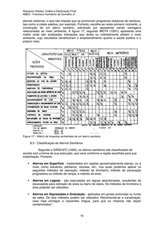 Resíduos Sólidos: Coleta e Destinação Final
ABES - Francisco Humberto de Carvalho Jr
76
demais sistemas, o que não impede que se promovam programas redutores de resíduos,
tais como a coleta seletiva, por exemplo. Portanto, escolhe-se neste primeiro momento, a
construção de um aterro sanitário, sobretudo por apresentar certas vantagens
relacionadas ao meio ambiente. A figura 17, segundo MOTA (1997), apresenta uma
matriz onde são analisadas interações que direta ou indiretamente afetam o meio
ambiente, cujo resultados beneficiaram o empreendimento quanto a saúde pública e o
próprio meio.
Figura 17 – Matriz de impactos ambientais de um aterro sanitário
8.3 - Classificação de Aterros Sanitários
Segundo o GIRS/UFC (1995), os aterros sanitários são classificados de
acordo com a forma de sua execução, que varia conforme a região escolhida para sua
implantação. Portanto:
Aterros em Superfície - implantados em regiões aproximadamente planas, ou a
nível, como estuários, pântanos, várzeas, etc., nos quais podemos aplicar os
seguintes métodos de operação: método da trincheira; método da escavação
progressiva ou método da rampa; e método da área.
Aterros em Lagoas - são executados em lagoas abandonadas, resultantes de
escavações para extração de areia ou barro de olaria. Os métodos da trincheira e
área poderão ser utilizados.
Aterros em Depressões e Ondulação - aplicados em grotas profundas ou fundo
de vales. Os dois métodos podem ser utilizados. Recomenda-se a canalização,
caso haja córregos e nascentes d'água, para que os mesmos não sejam
contaminados."
 