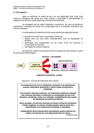 Resíduos Sólidos: Coleta e Destinação Final
ABES - Francisco Humberto de Carvalho Jr
90
9 - TRATAMENTO
Após as melhorias na coleta do lixo e na sua destinação final, ficam mais
claras as vantagens das ações que visam reduzir a quantidade e periculosidade do
material a ser aterrado. Estas ações são chamadas de tratamento.
As vantagens são de ordem ambiental e econômica. No caso de benefícios
econômicos, a redução de custos com a disposição final é a vantagem econômica que
mais se sobressai.
A necessidade de tratamento do lixo surge devido aos seguintes fatores:
• escassez de áreas para a destinação final do lixo;
• disputa pelo uso das áreas remanescentes com as populações da
periferia;
• valorização dos componentes do lixo como forma de promover a
conservação de recursos;
• inertização de resíduos sépticos.
Na figura 25, indicam-se diversas formas de tratamento dos resíduos, a partir
de uma usina de Reciclagem.
Figura 25 – Formas de tratamento dos resíduos
Os tratamentos do lixo se implantam, perduram e se aperfeiçoam
quando respondem igualmente a claras metas econômicas e
ambientais.
Em primeira e decisiva instância, os tratamentos objetivam redução
dos volumes aterrados e mudanças na composição do lixo a ser
disposto, resultando, assim, em reduções contabilizáveis dos custos
de disposição em aterros sanitários.
Salvo exceção, os retornos financeiros diretos (venda de recicláveis,
matéria orgânica ou mesmo energia) abatem apenas parte dos
desembolsos com tratamento (instalação e operação).
Independente do(s) tratamento(s) escolhido(s) sempre sobrará um
resíduo que deverá ter uma disposição final em aterro.
CEMPRE(1995)
USINA DE
RECICLAGEM
LIXO
REJEITO – LIXO MESMO
COMPOSTO ORGÂNICO - ADUBO
COLETA SELETIVA
INDÚSTRIA A INDÚSTRIA B INDÚSTRIA C
 