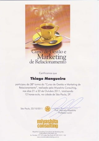 Certificado do Curso de Gestão e Marketing de Relacionamento