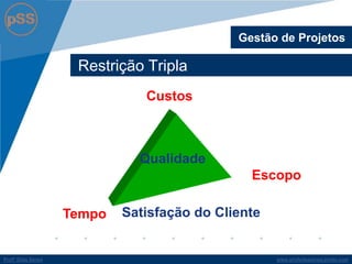 www.profsilasserpa.jimdo.comProfº Silas SerpaProfº Silas Serpa
Restrição Tripla
Gestão de Projetos
Tempo
Custos
Escopo
Qualidade
Satisfação do Cliente
 