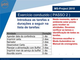 www.profsilasserpa.jimdo.comProfº Silas SerpaProfº Silas Serpa
Exercício conduzido ( PASSO 2 )
MS-Project 2010
Neste momento, após o
ambiente estar pronto
para receber as
atividades. Devemos
verificar se temos a
identificação de todas as
tarefas.
Devemos escolher o
Modo Automático ou
Manual do cronograma.
Introduza as tarefas e
durações a seguir na
lista de tarefas:
 