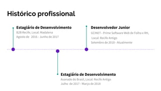 Histórico profissional
Estagiário de Desenvolvimento
B2B Recife, Local: Madalena
Agosto de 2016 - Junho de 2017
Estagiário de Desenvolvimento
Avanade do Brasil, Local: Recife Antigo
Julho de 2017 - Março de 2018
Desenvolvedor Junior
GCINET - Prime Software Web de Folha e RH,
Local: Recife Antigo
Setembro de 2018 - Atualmente
 