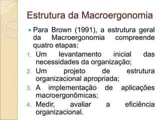 Estrutura da Macroergonomia
 Para Brown (1991), a estrutura geral
da Macroergonomia compreende
quatro etapas:
1. Um levantamento inicial das
necessidades da organização;
2. Um projeto de estrutura
organizacional apropriada;
3. A implementação de aplicações
macroergonômicas;
4. Medir, avaliar a eficiência
organizacional.
 