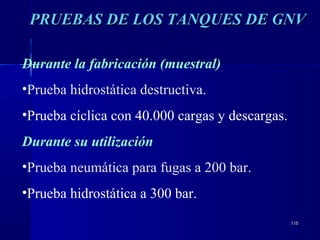 115115
PRUEBAS DE LOS TANQUES DE GNVPRUEBAS DE LOS TANQUES DE GNV
Durante la fabricación (muestral)
•Prueba hidrostática destructiva.
•Prueba cíclica con 40.000 cargas y descargas.
Durante su utilización
•Prueba neumática para fugas a 200 bar.
•Prueba hidrostática a 300 bar.
 