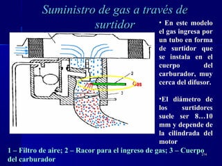214214
• En este modelo
el gas ingresa por
un tubo en forma
de surtidor que
se instala en el
cuerpo del
carburador, muy
cerca del difusor.
•El diámetro de
los surtidores
suele ser 8…10
mm y depende de
la cilindrada del
motor
1 – Filtro de aire; 2 – Racor para el ingreso de gas; 3 – Cuerpo
del carburador
Suministro de gas a través deSuministro de gas a través de
surtidorsurtidor
 