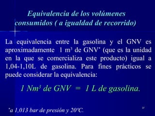 3737
La equivalencia entre la gasolina y el GNV es
aproximadamente 1 m3
de GNV*
(que es la unidad
en la que se comercializa este producto) igual a
1,04-1,10L de gasolina. Para fines prácticos se
puede considerar la equivalencia:
1 Nm1 Nm33
de GNV = 1 L de gasolina.de GNV = 1 L de gasolina.
Equivalencia de los volúmenesEquivalencia de los volúmenes
consumidos ( a igualdad de recorrido)consumidos ( a igualdad de recorrido)
*
a 1,013 bar de presión y 20ºC.
 