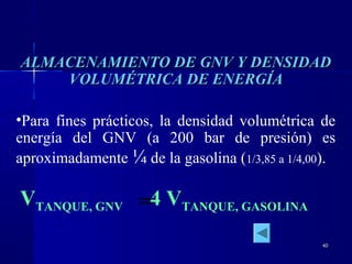 4040
ALMACENAMIENTO DE GNV Y DENSIDADALMACENAMIENTO DE GNV Y DENSIDAD
VOLUMÉTRICA DE ENERGÍAVOLUMÉTRICA DE ENERGÍA
•Para fines prácticos, la densidad volumétrica de
energía del GNV (a 200 bar de presión) es
aproximadamente ¼ de la gasolina (1/3,85 a 1/4,00).
VTANQUE, GNV 4 VTANQUE, GASOLINA≈
 