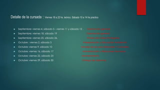 Detalle de la cursada : Viernes 18 a 22 hs. teórico. Sábado 10 a 14 hs practico
 Septiembre: viernes 4, sábado 5 - viernes 11 y sábado 12 . Orientación general
 Septiembre: viernes 18, sábado 19 Orientación general
 Septiembre: viernes 25, sábado 26. Protección Áreas Protegidas
 Octubre : viernes 2, sábado 3 Interpretación y Educación Ambiental
 Octubre: viernes 9, sábado 10 Manejo de recursos Naturales Y Culturales
 Octubre: viernes 16, sábado 17 Administración y Relaciones Humanas
 Octubre: viernes 22, sábado 23 Mantenimiento
 Octubre: viernes 29, sábado 30 Entrega de diplomas
 