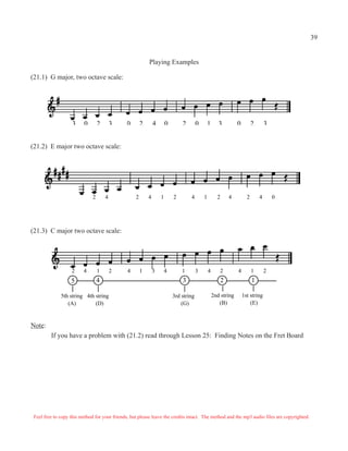 39


                                                           Playing Examples

(21.1) G major, two octave scale:




                   3     0        2       3   0        2       4       0       2        0       1      3          0         2       3


(21.2) E major two octave scale:




                              2       4            2       4       1       2       4        1         2       4         2       4       0




(21.3) C major two octave scale:




                   2     4        1       2    4       1       3       4       1        3       4         2       4         1       2
                   5              4                                            3                          2                 1

              5th string 4th string                                        3rd string               2nd string        1st string
                 (A)         (D)                                               (G)                     (B)                (E)



Note:
         If you have a problem with (21.2) read through Lesson 25: Finding Notes on the Fret Board




 Feel free to copy this method for your friends, but please leave the credits intact. The method and the mp3 audio files are copyrighted.
 
