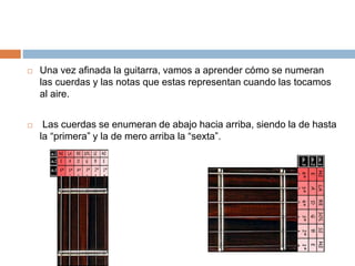  Una vez afinada la guitarra, vamos a aprender cómo se numeran
las cuerdas y las notas que estas representan cuando las tocamos
al aire.
 Las cuerdas se enumeran de abajo hacia arriba, siendo la de hasta
la “primera” y la de mero arriba la “sexta”.
 