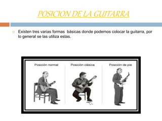 POSICION DE LA GUITARRA
 Existen tres varias formas básicas donde podemos colocar la guitarra, por
lo general se las utiliza estas.
 