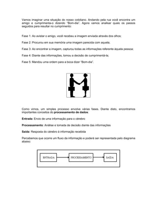 Vamos imaginar uma situação do nosso cotidiano. Andando pela rua você encontra um
amigo e cumprimenta-o dizendo “Bom-dia”. Agora vamos analisar quais os passos
seguidos para resultar no cumprimento:
Fase 1: Ao avistar o amigo, você recebeu a imagem enviada através dos olhos;
Fase 2: Procurou em sua memória uma imagem parecida com aquela;
Fase 3: Ao encontrar a imagem, capturou todas as informações referente àquela pessoa;
Fase 4: Diante das informações, tomou a decisão de cumprimentá-la;
Fase 5: Mandou uma ordem para a boca dizer “Bom-dia”.
Como vimos, um simples processo envolve várias fases. Diante disto, encontramos
importantes conceitos do processamento de dados:
Entrada: Envio de uma informação para o cérebro
Processamento: Análise e tomada de decisão diante das informações
Saída: Resposta do cérebro à informação recebida
Percebemos que ocorre um fluxo da informação e poderá ser representada pelo diagrama
abaixo:
 