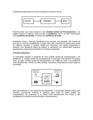Substituindo pelas partes do corpo envolvida no processo, temos:
Podemos dizer que nosso cérebro é uma Unidade Central de Processamento, e os
órgãos internos e externos, visto que são os periféricos, isto é, os olhos funcionaram
como periférico de entrada, e a boca como periférico de saída.
Analisando, ainda, o exemplo, percebemos que executar uma atividade, não importa de
que tipo ou nível de complexidade, é seguir uma série ordenada de passos para atingir
um objetivo; portanto, o cérebro, desde que nascemos, vem sendo programado a
executar uma seqüência lógica de passos, e acionamos um determinado programa
(guardado em nosso banco de dados) no momento apropriado.
O Cérebro Eletrônico
O computador também é composto de uma unidade central de processamento e de
periféricos. A unidade central de processamento é chamada CPU (Central Processing
Unith, ou seja, unidade central de processamento, em inglês) ou UCP, e os periféricos
mais utilizados são: monitor de vídeo, teclado, impressora, disco flexível e disco rígido ou
winchester.
Além de periféricos e uma central de processamento, o computador também possui uma
memória, (Lembre-se: memória é qualquer lugar onde os dados podem ser
armazenados). Os programas e os dados ficam armazenados nos discos e são
carregados na memória somente durante o processamento.
 
