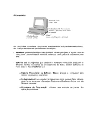 Unidade Central de Processamento,
Memória e Winchester ficam dentro
do Gabinete
Mouse, outro Dispositivo de Entrada
O Teclado Permite
a Entrada de Dados
Monitor de Vídeo
Exibe a Saída
Um computador, conjunto de componentes e equipamentos adequadamente estruturado,
tem duas partes diferentes que funcionam em conjunto:
· Hardware, que em inglês significa equipamento pesado (ferragem), é a parte física do
computador. Componentes de memória, periféricos, cabos, placas e chips fazem parte
dele;
· Software são os programas que, utilizando o hardware computador, executam as
diferentes tarefas necessárias ao processamento de dados. Existem softwares de
vários tipos; os mais importantes são:
Þ Sistema Operacional ou Software Básico: prepara o computador para
receber e executar os programas;
Þ Software Aplicativos: executam tarefas comuns como escrever, fazer cálculos,
desenhar ou armazenar informações. Podem ser utilizadas por leigos, pois são
fáceis de manusear;
Þ Linguagens de Programação: utilizadas para escrever programas, têm
aplicação profissional;
O Computador
 