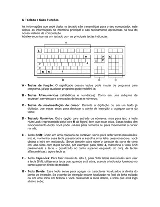 O Teclado e Suas Funções
As informações que você digita no teclado são transmitidas para o seu computador, este
coloca as informações na memória principal e são rapidamente apresentas na tela do
nosso sistema de computação.
Abaixo encontramos um teclado com as principais teclas indicadas:
A - Teclas de função: O significado dessas teclas pode mudar de programa para
programa, já que qualquer programa pode redefini-la;
B - Teclas Alfanuméricas (alfabéticas e numéricas): Como em uma máquina de
escrever, servem para a entradas de letras e números;
C - Teclas de movimentação do cursor: Durante a digitação ou em um texto já
digitado, use essas setas para deslocar o ponto de inserção a qualquer parte do
texto;
D - Teclado Numérico: Outra opção para entrada de números, mas para isso a tecla
Num Lock (representado pela letra K da figura) tem que estar ativa. Essas teclas têm
funcionamento duplo: você pode usá-las para números ou para movimentar o cursor
na tela;
E - Tecla Shift: Como em uma máquina de escrever, serve para obter letras maiúsculas,
isto é, mantenha essa tecla pressionada e escolha uma letra pressionando-a, você
obterá a letra em maiúsculo. Serve também para obter o caracter da parte de cima
em uma tecla com dupla função, por exemplo: para obter ã, mantenha a tecla Shift
pressionada e tecle ~ (localizado no canto superior esquerdo do conj. de teclas
alfanuméricas), agora tecla a.
F - Tecla CapsLock: Para fixar maiúscula, isto é, para obter letras maiúsculas sem usar
a tecla Shift, utilize esta tecla que, quando está ativa, acende o indicador luminoso no
canto superior direito do teclado;
G - Tecla Delete: Essa tecla serve para apagar os caracteres localizados a direita do
ponto de inserção. Se o ponto de inserção estiver localizado no final de linha editada
ou em uma linha em branco e você pressionar a tecla delete, a linha que está logo
abaixo sobe;
 