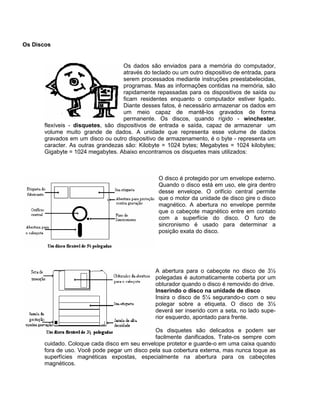 Os dados são enviados para a memória do computador,
através do teclado ou um outro dispositivo de entrada, para
serem processados mediante instruções preestabelecidas,
programas. Mas as informações contidas na memória, são
rapidamente repassadas para os dispositivos de saída ou
ficam residentes enquanto o computador estiver ligado.
Diante desses fatos, é necessário armazenar os dados em
um meio capaz de mantê-los gravados de forma
permanente. Os discos, quando rígido - winchester,
flexíveis - disquetes, são dispositivos de entrada e saída, capaz de armazenar um
volume muito grande de dados. A unidade que representa esse volume de dados
gravados em um disco ou outro dispositivo de armazenamento, é o byte - representa um
caracter. As outras grandezas são: Kilobyte = 1024 bytes; Megabytes = 1024 kilobytes;
Gigabyte = 1024 megabytes. Abaixo encontramos os disquetes mais utilizados:
O disco é protegido por um envelope externo.
Quando o disco está em uso, ele gira dentro
desse envelope. O orifício central permite
que o motor da unidade de disco gire o disco
magnético. A abertura no envelope permite
que o cabeçote magnético entre em contato
com a superfície do disco. O furo de
sincronismo é usado para determinar a
posição exata do disco.
A abertura para o cabeçote no disco de 3½
polegadas é automaticamente coberta por um
obturador quando o disco é removido do drive.
Inserindo o disco na unidade de disco
Insira o disco de 5¼ segurando-o com o seu
polegar sobre a etiqueta. O disco de 3½
deverá ser inserido com a seta, no lado supe-
rior esquerdo, apontado para frente.
Os disquetes são delicados e podem ser
facilmente danificados. Trate-os sempre com
cuidado. Coloque cada disco em seu envelope protetor e guarde-o em uma caixa quando
fora de uso. Você pode pegar um disco pela sua cobertura externa, mas nunca toque as
superfícies magnéticas expostas, especialmente na abertura para os cabeçotes
magnéticos.
Os Discos
 