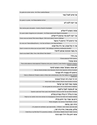 Eu gosto de comer carne - Ani Ohev Leekhol Bassar

                                                                             ‫אני אוהב לאכול בשר‬

Eu quero ir a praia - Ani Rotse lalekher laYam

                                                                                ‫אני רוצה ללכת לים‬

Nos vamos para Jerusalem - Anahnu Noss'im lirushalaim

                                                                          ‫אנחנו נוסעים לירושלים‬
Eu quero saber chegamos em Jerusalem - Ani Rotse lada'at eikh Magi'im lirushalaim

                                                        ‫אני רוצה לדעת איך מגיעים לירושלים‬
Como voce se chama? Me chamo Miguel - Eikh korim lekha? Korim li Mikhael

                                                             ‫איך קוראים לך? קוראים לי מיכאל‬
Eu moro em Telaviv(Masc|Femin.) - Ani Gar beTelaviv | Ani Gara beTelaviv

                                                         ‫אני גר בתל-אביב | אני גרה בתל-אביב‬
Qual o numero do onibus que vai para Haifa? - Ma haMispar haOtobus sheNossea leHaifa?

                                                              ?‫מה מספר אוטובוס שנוסע לחיפה‬
Qual a sua idade? (Msc. Fem.) Ma Gil'kha? Ma Gilekh?

                                                                                            ?‫מה גילך‬
                                                                        ?Onde estamos? Eifo Anahnu

                                                                                        ?‫איפה אנחנו‬
  Para onde estamos indo(viajando)? Estamos indo para o deserto | Lean Anahnu nooss'im? Anahnu
                                                                               Noss'im lamidbar

                                                      ‫לאן אנחנו נוסעים? אנחנו נוסעים למדבר‬
                          Isto se chama tomate e isto Abacate | Korim le'ze Agvania ve'le'ze Avokado

                                                               ‫קוראים לזה עגבניה ולזה אבוקדו‬
       Este e o Monte do Templo e este e o Muro das Lamentacoes | Zeu Har haBait ve Zeu haKotel
                                                                                     haMa'aravi

                                                               ‫זהו הר הבית וזהו הכותל המערבי‬
                                             Amei muito visitar a Israel | Ahavti meod levaker et Israel

                                                                   ‫אהבתי מאוד לבקר את ישראל‬
                                        Eu nao gostei de comer pipino | Ani lo ahavti lekhol milafefon

                                                                    ‫אני לא אהבתי לאכל מילפפון‬
                    Quanto custa isso? Isto custa vinte Shekels | Kama ze Ole? Ze ole eSrim Shkalim

                                                        ‫כמה זה עולה? זה עולה עשרים שקלים‬
        Hoje eu vou cantar uma nova cancao na congregacao | haYom Ani Ashir shir hadash baKeila

                                                                ‫היום אני אשיר שיר חדש בקילה‬
                                                    Muito obrigado, nos vemos | Toda Rabah, nitraeh

                                                                                 ‫תודה רבה, נתראה‬
                    ...Oi, prazer em conhecer, que casa bonita... | Shalom, naim meod, eize bait yafe

                                                             ...‫שלום, נעים מאוד, איזה בית יפה‬
          Onde fica a rua Rei Davi? E a proxima a direita... | Eifo Rehov Melekh David? haBa Yamina

                                                               ‫איפה רחוב מלך דוד? הבא ימינה‬
 