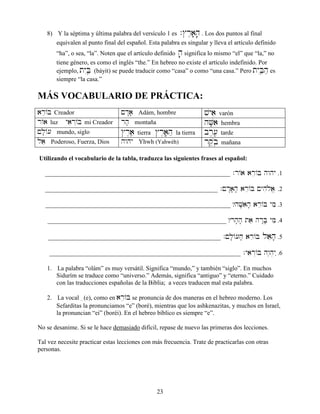 23
8) Y la séptima y última palabra del versículo 1 es .$r≤aâ;h;. Los dos puntos al final
equivalen al punto final del español. Esta palabra es singular y lleva el artículo definido
“ha”, o sea, “la”. Noten que el artículo definido h;significa lo mismo “el” que “la,” no
tiene género, es como el inglés “the.” En hebreo no existe el artículo indefinido. Por
ejemplo, tyIBæâ (báyit) se puede traducir como “casa” o como “una casa.” Pero tyIBæâhæ es
siempre “la casa.”
MÁS VOCABULARIO DE PRÁCTICA:
are/B Creador !d:a; Adám, hombre vyai varón
r/a luz yair“/B mi Creador rh; montaña hV;ai hembra
!l;/[ mundo, siglo $r≤aâe tierra $r≤aâ;hæ la tierra br,[,â tarde
lae Poderoso, Fuerza, Dios hwhy Yhwh (Yahwéh) rq,bøâ mañana
Utilizando el vocabulario de la tabla, traduzca las siguientes frases al español:
___________________________________________________________ .r/a are/B hwhy .1
_______________________________________________________ .!d:a;h; are/B !yhiløa> .2
___________________________________________________________ ?hV;aih; are/B yMi .3
_________________________________________________________ ?rh;h; tae hr:B; yMi .4
_______________________________________________________ .!l;/[h; are/B laeh; .5
_____________________________________________________________ .yair“/B hw≤h]y˛ .6
1. La palabra “olám” es muy versátil. Significa “mundo,” y también “siglo”. En muchos
Sidurím se traduce como “universo.” Además, significa “antiguo” y “eterno.” Cuidado
con las traducciones españolas de la Biblia; a veces traducen mal esta palabra.
2. La vocal e(e), como en are/B se pronuncia de dos maneras en el hebreo moderno. Los
Sefarditas la pronunciamos “e” (boré), mientras que los ashkenazitas, y muchos en Israel,
la pronuncian “ei” (boréi). En el hebreo bíblico es siempre “e”.
No se desanime. Si se le hace demasiado difícil, repase de nuevo las primeras dos lecciones.
Tal vez necesite practicar estas lecciones con más frecuencia. Trate de practicarlas con otras
personas.
 