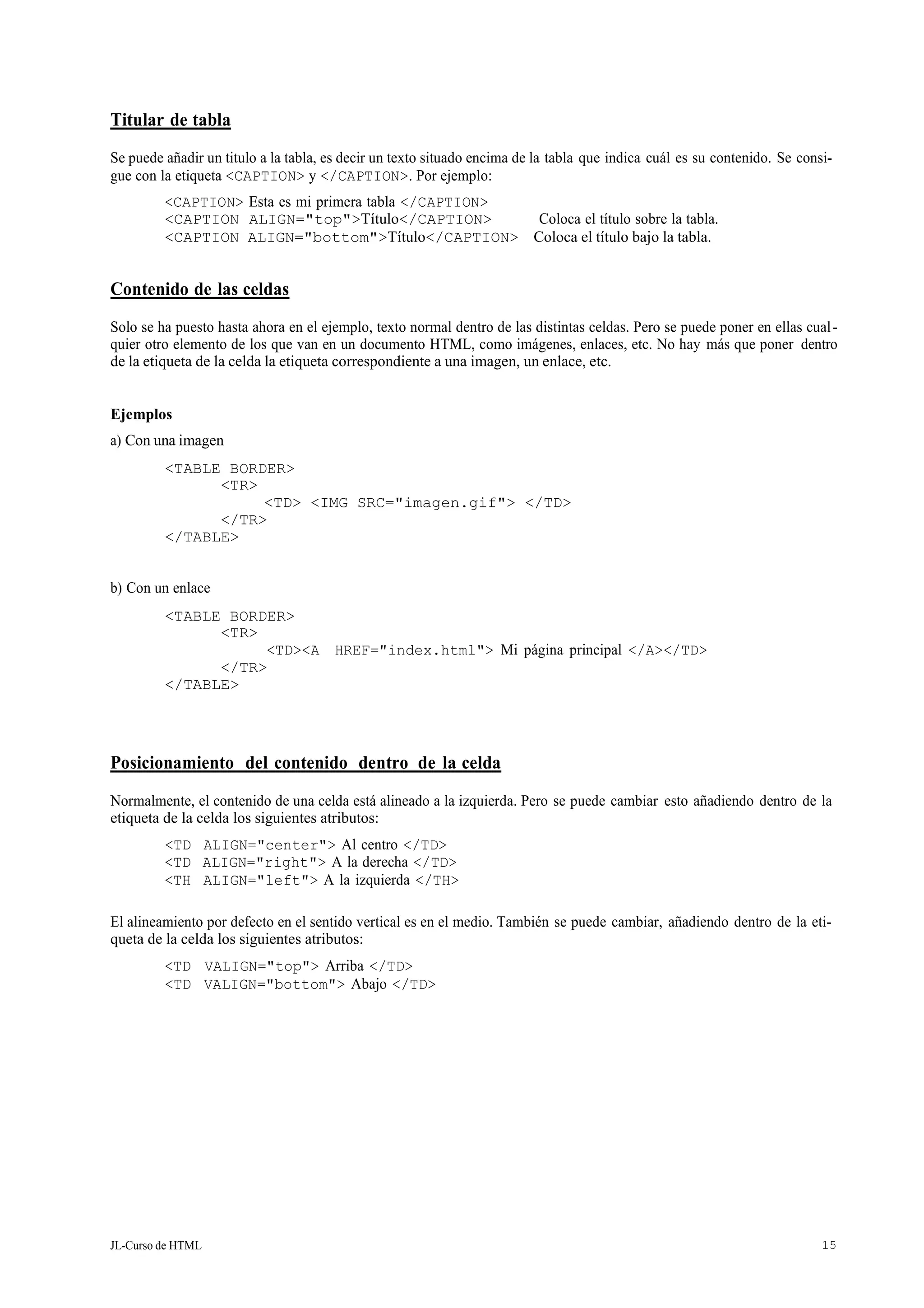 JL-Curso de HTML 15
Titular de tabla
Se puede añadir un titulo a la tabla, es decir un texto situado encima de la tabla que indica cuál es su contenido. Se consi-
gue con la etiqueta <CAPTION> y </CAPTION>. Por ejemplo:
<CAPTION> Esta es mi primera tabla </CAPTION>
<CAPTION ALIGN="top">Título</CAPTION> Coloca el título sobre la tabla.
<CAPTION ALIGN="bottom">Título</CAPTION> Coloca el título bajo la tabla.
Contenido de las celdas
Solo se ha puesto hasta ahora en el ejemplo, texto normal dentro de las distintas celdas. Pero se puede poner en ellas cual-
quier otro elemento de los que van en un documento HTML, como imágenes, enlaces, etc. No hay más que poner dentro
de la etiqueta de la celda la etiqueta correspondiente a una imagen, un enlace, etc.
Ejemplos
a) Con una imagen
<TABLE BORDER>
<TR>
<TD> <IMG SRC="imagen.gif"> </TD>
</TR>
</TABLE>
b) Con un enlace
<TABLE BORDER>
<TR>
<TD><A HREF="index.html"> Mi página principal </A></TD>
</TR>
</TABLE>
Posicionamiento del contenido dentro de la celda
Normalmente, el contenido de una celda está alineado a la izquierda. Pero se puede cambiar esto añadiendo dentro de la
etiqueta de la celda los siguientes atributos:
<TD ALIGN="center"> Al centro </TD>
<TD ALIGN="right"> A la derecha </TD>
<TH ALIGN="left"> A la izquierda </TH>
El alineamiento por defecto en el sentido vertical es en el medio. También se puede cambiar, añadiendo dentro de la eti-
queta de la celda los siguientes atributos:
<TD VALIGN="top"> Arriba </TD>
<TD VALIGN="bottom"> Abajo </TD>
 