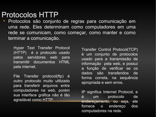 Protocolos HTTP

    Protocolos são conjunto de regras para comunicação em
    uma rede. Eles determinam como computadores em uma
    rede se comunicam, como começar, como manter e como
    terminar a comunicação.
      Hyper Text Transfer Protocol      Transfer Control Protocol(TCP)
      (HTTP) é o protocolo usado        é um conjunto de protocolos
      pelos servidores web para         usado para a transmissão de
      transmitir documentos HTML        informação pela web, e possui
      pela internet.                    a função de verificar se os
                                        dados são transferidos de
      File Transfer protocol(ftp) é     forma correta, na sequência
      outro protocolo muito utilizado   apropriada e sem erros.
      para transferir arquivos entre
      computadores na web, porém        IP significa Internet Protocol, e
      sua interface gráfica não é tão   é     um        protocolo      de
      agradável como HTTP.              endereçamento, ou seja, ele
                                        fornece     o    endereço    dos
                                        computadores na rede.
 