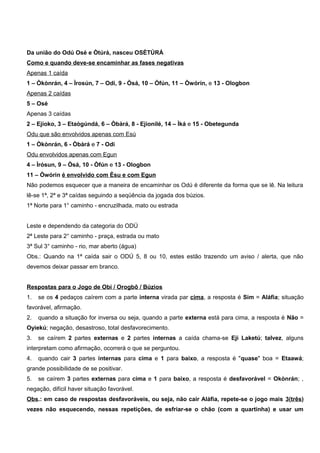 Da união do Odú Osé e Òtúrá, nasceu OSÉTÚRÁ
Como e quando deve-se encaminhar as fases negativas
Apenas 1 caída
1 – Òkònrán, 4 – Ìrosún, 7 – Odi, 9 - Òsá, 10 – Òfún, 11 – Òwórín, e 13 - Ologbon
Apenas 2 caídas
5 – Osé
Apenas 3 caídas
2 – Ejioko, 3 – Etaògúndá, 6 – Òbàrá, 8 - Ejionilé, 14 – Ìká e 15 - Obetegunda
Odu que são envolvidos apenas com Esú
1 – Òkònrán, 6 - Òbàrá e 7 - Odi
Odu envolvidos apenas com Egun
4 – Ìrósun, 9 – Òsá, 10 - Òfún e 13 - Ologbon
11 – Ówórin é envolvido com Èsu e com Egun
Não podemos esquecer que a maneira de encaminhar os Odú é diferente da forma que se lê. Na leitura
lê-se 1ª, 2ª e 3ª caídas seguindo a seqüência da jogada dos búzios.
1ª Norte para 1° caminho - encruzilhada, mato ou estrada
Leste e dependendo da categoria do ODÚ
2ª Leste para 2° caminho - praça, estrada ou mato
3ª Sul 3° caminho - rio, mar aberto (água)
Obs.: Quando na 1ª caída sair o ODÚ 5, 8 ou 10, estes estão trazendo um aviso / alerta, que não
devemos deixar passar em branco.
Respostas para o Jogo de Obi / Orogbô / Búzios
1. se os 4 pedaços caírem com a parte interna virada par cima, a resposta é Sim = Aláfia; situação
favorável, afirmação.
2. quando a situação for inversa ou seja, quando a parte externa está para cima, a resposta é Não =
Oyiekú; negação, desastroso, total desfavorecimento.
3. se caírem 2 partes externas e 2 partes internas a caída chama-se Eji Laketú; talvez, alguns
interpretam como afirmação, ocorrerá o que se perguntou.
4. quando cair 3 partes internas para cima e 1 para baixo, a resposta é "quase" boa = Etaawá;
grande possibilidade de se positivar.
5. se caírem 3 partes externas para cima e 1 para baixo, a resposta é desfavorável = Okònrán; ,
negação, difícil haver situação favorável.
Obs.: em caso de respostas desfavoráveis, ou seja, não cair Aláfia, repete-se o jogo mais 3(três)
vezes não esquecendo, nessas repetições, de esfriar-se o chão (com a quartinha) e usar um
 