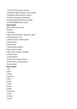 11 Òwórín Omólu doença, mal estar
12 Ejilasébora Ajés de Sango bruxos, maldade
13 Ejiologbon Omólu doença na família
14 Ìká Osumare ganhos inesperados
15 Obetegùndá Òsálà teimosia, bondade
16 Alafia ÒRÚNMÌLÁ tudo irá bem
Outra maneira
Búzios Òrísà o que anuncia
Fechados
1 Oba guerra
2 Nanã e Iyemonja família, abandono, viagem
3 Omólu doenças, curas
4 Obaluaiyé morte, transformações
5 Ossae timidez
6 Oyá decisões
7 Osoguiã glória, impérios
8 Egun bruxarias, feitiço
9 Ogun lutas, combate, armadilhas
10 Sango justiça
11 Ososi trabalho
12 Òsún amor, herança, dinheiro
13 Omólu almas, doenças graves
14 jogo fechado
Outra maneira:
1 Èsú
2 Ogun
3 Omólu
4 Iyemonja
5 Òsún
6 Ososi
7 Òsálà
8 Logun
9 Sango
10 Osumare
11 Oyá
12 Ossae
13 Nanã
 