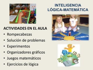 INTELIGENCIA
                           LÓGICA-MATEMÁTICA



ACTIVIDADES EN EL AULA
• Rompecabezas
• Solución de problemas
• Experimentos
• Organizadores gráficos
• Juegos matemáticos
• Ejercicios de lógica
 