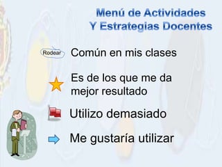 Rodear   Común en mis clases

         Es de los que me da
         mejor resultado

         Utilizo demasiado
         Me gustaría utilizar
 