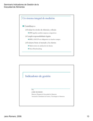 Seminario Indicadores de Gestión de la
Inocuidad de Alimentos
Jairo Romero, 2006 13
Un sistema integral de medición
Contribuye a
Evaluar los niveles de eficiencia y eficacia
BPM significa también empresas competitivas
Cumplir responsabilidades legales
BPM y HACCP son obligatorios en muchos campos
Evaluarse frente al mercado y los clientes
Medir niveles de satisfacción de clientes
Hacer Benchmarking
Indicadores de gestión
Por
JAIRO ROMERO
Director, Programa de Inocuidad de Alimentos
Asociación Colombiana de Ciencia y Tecnología de Alimentos
 