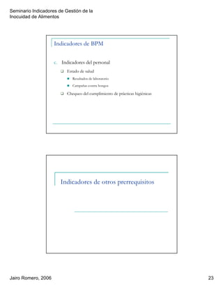 Seminario Indicadores de Gestión de la
Inocuidad de Alimentos
Jairo Romero, 2006 23
Indicadores de BPM
c. Indicadores del personal
Estado de salud
Resultados de laboratorio
Campañas contra hongos
Chequeo del cumplimiento de prácticas higiénicas
Indicadores de otros prerrequisitos
 
