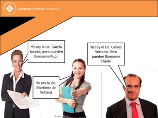 Yo soy la Lic. García   Yo soy el Lic. Gálvez
Jurado, pero pueden         Serrano. Pero
   llamarme Pupi.         pueden llamarme
                               Charly.




    Yo soy la Lic.
    Martínez de
      Velasco
 