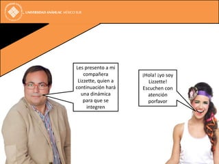 Les presento a mi
    compañera        ¡Hola! ¡yo soy
 Lizzette, quien a     Lizzette!
continuación hará    Escuchen con
   una dinámica        atención
    para que se        porfavor
     integren
 