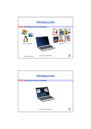 Introducción
11      El Software de un ordenador




     Sistemas Operativos                                    Programas




                              Curso Básico de Informática
       Sistemas Operativos




                             Introducción
12      El Software de un ordenador




                                  ÚTIL




                              Curso Básico de Informática
 