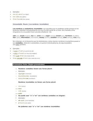  Ejemplos: 
 one [a] pencil (un lápiz) 
 two cats (dos gatos) 
 three houses (tres casas) 
Uncountable Nouns (Los nombres incontables) 
Los nombres o sustantivos incontables son aquellos que no podemos contar porque no los 
podemos delimitar individualmente sino que forman parte de un todo. Son tratados como 
singulares (no se pueden hacer plurales añadiendo '-s'). 
salt (sal), wood (madera), tea (té), wine (vino), sugar (azúcar), bread (pan), furniture (muebles), 
hair (pelo), information (información), money (dinero), weather (tiempo), time (tiempo), rice(arroz) 
Sin embargo, en el momento que los delimitamos, estos mismos nombres o sustantivos pasan a 
ser contables. Deberán ir precedidos, si quieren individualizarse, de alguna palabra 
con valor partitivo. 
 Ejemplos: 
 a gram of salt (un gramo de sal) 
 a piece of wood (un trozo de madera) 
 two cups of tea (dos tazas de té) 
 three glasses of wine (tres vasos de vino) 
Grammatical Rules (Reglas gramaticales) 
1. Nombres contables tienen una forma plural: 
o Ejemplos: 
o egg/eggs (huevo/s) 
o bicycle/bicycles (bicicleta/s) 
o dress/dresses (vestido/s) 
Nombres incontables no tienen una forma plural: 
o rice (arroz) 
o rices 
o milk (leche) 
o milks 
2. Se puede usar "a" o "an" con nombres contables en singular: 
 Ejemplos: 
 an apple (una manzana) 
 a house (una casa) 
No podemos usar "a" o "an" con nombres incontables: 
 
