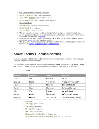 o Con una preposición de lugar + un sitio: 
o She is in New York. (Ella está en Nueva York.) 
o They aren't at home. (Ellos no están en casa.) 
o Is the book on the table? (¿El libro está en la mesa?) 
o Con un adjetivo: 
o We are happy. (Nosotros estamos contentos.) 
o He isn't sad. (Él no está triste.) 
o Are you tired? (¿Estás cansado?) 
2. "To be" se utiliza como un verbo auxiliar para formar el presente continuo y la voz 
pasiva que se introducirán en lecciones posteriores. Para más información sobre verbos 
auxiliares, ver la lección deverbos. 
3. Para mostrar que algo existe, combinamos "is" o "are" con la palabra "there". Ver la 
lección de "There be" para más información. 
4. "To be", como muchos otros verbos, puede ser utilizado con una frase preposicional. Ver 
la lección de verbos preposicionales y verbos frasales. 
Short Forms (Formas cortas) 
En inglés, el uso de las formas cortas es muy común, en particular se utilizan en el lenguaje 
coloquial y en situaciones informales. 
Los verbos en el presente que tienen formas cortas son "to be" (ser/estar) y "to have"/"have 
got" (tener). "To do" (forma auxiliar) tiene una forma corta, pero sólo en el negativo. 
1. To be 
Afirmativo Forma corta Negativo Forma corta 
I am I'm I am not I'm not 
You are You're You are not You're not/You aren't 
He is He's He is not He's not/He isn't 
She is She's She is not She's not/She isn't 
It is It's It is not It's not/It isn't 
We are We're We are not We're not/We aren't 
They are They're They are not They're not/They aren't 
 Ejemplos: 
 I'm happy. (Estoy contento.) 
 You're tall. (Eres alto.) 
 She's pretty. (Es guapa.) 
 It's 10:00. (Son las 10h.) 
 He's not here./He isn't here. (No está aqui.) 
 They're not Spanish./They aren't Spanish. (No son españoles.) 
 