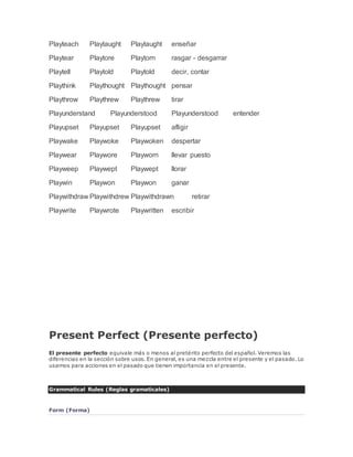 Playteach Playtaught Playtaught enseñar 
Playtear Playtore Playtorn rasgar - desgarrar 
Playtell Playtold Playtold decir, contar 
Playthink Playthought Playthought pensar 
Playthrow Playthrew Playthrew tirar 
Playunderstand Playunderstood Playunderstood entender 
Playupset Playupset Playupset afligir 
Playwake Playwoke Playwoken despertar 
Playwear Playwore Playworn llevar puesto 
Playweep Playwept Playwept llorar 
Playwin Playwon Playwon ganar 
Playwithdraw Playwithdrew Playwithdrawn retirar 
Playwrite Playwrote Playwritten escribir 
Present Perfect (Presente perfecto) 
El presente perfecto equivale más o menos al pretérito perfecto del español. Veremos las 
diferencias en la sección sobre usos. En general, es una mezcla entre el presente y el pasado. Lo 
usamos para acciones en el pasado que tienen importancia en el presente. 
Grammatical Rules (Reglas gramaticales) 
Form (Forma) 
 
