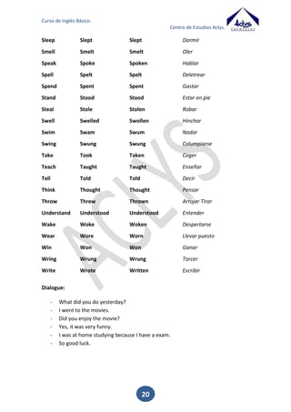 Curso de Inglés Básico.
Centro de Estudios Aclys.

Completa con la forma correcta de presente continuo de los verbos dados.
What _____________ you __________ (do)?
I ___________________ (play).
You ______________________ (eat) fish.
He _______________________ (cook) a cake.
They ______________________ (sing/not).
____________ she ____________ a letter?
Completa con la forma correcta en –ing (gerundio), de los siguientes verbos.
Have ______________________________
Make ______________________________
Work ______________________________
Study ______________________________
Watch ______________________________
Drive ______________________________
Cut

______________________________

17.

Past simple

El pasado simple sirve para hablar de acciones que ocurrieron en el pasado y ya están
terminadas. La conjugación del pasado simple funciona de forma muy similar al
presente simple.
Para la forma afirmativa vamos a diferenciar entre los verbos regulares y los
irregulares. Los verbos regulares serán aquellos en los que simplemente debemos
añadir –ed al final de la forma base del verbo. Los verbos irregulares son aquellos en
los que deberemos aprender las formas especiales que adoptan para el pasado.
En la forma negativa e interrogativa, se diferenciará del presente simple puesto que en
pasado utilizamos la forma DID en lugar de DO/ DOES.

20

 