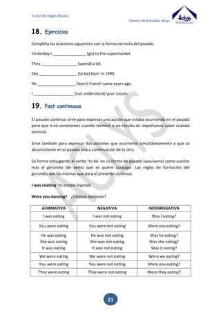 Curso de Inglés Básico.
Centro de Estudios Aclys.

Verbos regulares:
AFIRMATIVA

NEGATIVA

INTERROGATIVA

I played

I did not play (didn’t play)

Did I play?

You played

You did not play (didn’t play)

Did you play?

He played
She played
It played

He did not play (didn’t play)
She did not play (didn’t play)
It did not play (didn’t play)

Did he play?
Did she play?
Did it play?

We played

We did not play (didn’t play)

Did we play?

You played

You did not play (didn’t play)

Did you play?

They played

They did not play (didn’t play)

Did they play?

AFIRMATIVA

NEGATIVA

INTERROGATIVA

I ate

I did not eat (didn’t eat)

Did I eat?

You ate

You did not eat (did’t eat)

Did you eat?

He ate
She ate
It ate

He did not eat (didn’t eat)
She did not eat (didn’t eat)
It did not eat (didn’t eat)

Did he eat?
Did she eat?
Did it eat?

We ate

We did not eat (didn’t eat)

Did we eat?

You ate

You did not eat (didn’t eat)

Did you eat?

They ate

They did not eat (didn’t eat)

Did they eat?

Verbos irregulares:

a. REGLAS PARA FORMAR EL PASADO EN LOS VERBOS REGULARES
Existen una serie de reglas para formar el pasado en los verbos regulares, es decir en
aquellos en los que añadimos –ed.
Los verbos acabados en –e añaden solo una –d.
Love

loved

Los verbos acabados en –y cambian la –y por –ied.
Try tried
Fry fried
Los verbos regulares que terminan en vocal+y, añaden –ed.
Play

played

21

 