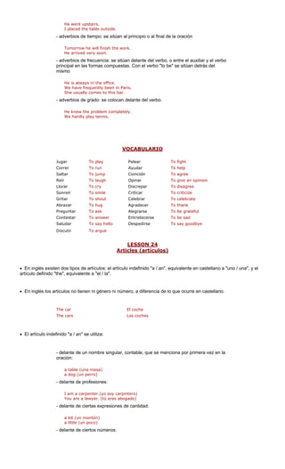 He went upstairs. 
I placed the table outside. 
- adverbios de tiempo: se sitúan al principio o al final de la oración 
rrow he will finish the work. 
He arrived very soon. 
- ad te del verbo, o entre el auxiliar y el verbo 
prin stas. Con el verbo "to be" se sitúan detrás del 
He is always in the office. 
been in Paris. 
ar. 
BULARIO 
Tomo 
verbios de frecuencia: se sitúan delancipal en las formas compue 
mismo We have frequentlyShe usually comes to this b 
- adverbios de grado: se colocan delante del verbo. He knew the problem completely. We hardly play tennis. 
VOCA 
To fight 
To help 
Salt ncidir To agree 
eír Opinar To give an opinion 
To cry Discrepar To disagree 
Sonreír To smile Criticar To criticize 
Gritar To shout Celebrar To celebrate 
Abrazar To hug Agradecer To thank 
Preguntar To ask To be grateful 
Contestar To answer Entristecerse To be sad 
r lo irse oodbye 
r e 
N 24 
JugarTo playPelearCorrerTo runAyudar 
arTo jumpCoiTo laugh 
RLlorar 
Alegrarse 
Saluda 
To say hel 
Desped 
To say g 
Discuti 
To argu 
LESSO 
Arti ículos) 
cles (art 
• En inglés exist os de : el artículo "a / an", e e en castellano a "uno / una", y el 
artículo definido " 
• En inglés los artí o tienen ni gé úme , a diferencia de lo que ocurre en castellano. 
The car 
The cars 
mesa) 
g (un perro) 
de profesiones: 
I am a carpenter.(yo soy carpintero) 
You are a lawyer. (tú eres abogado) 
- delante de ciertas expresiones de cantidad: 
(un poco) 
- delante d ros: 
en dos tip 
artículos 
indefinido 
quivalent 
the", equivalente a "el / la". 
culos n 
nero ni n 
ro 
El cocheLos coches 
• El artículo indefinido "a / an" se utiliza: 
- delante de un nombre singular, contable, que se menciona por primera vez en la oración: a table (una a do - delante a lot (un montón) a little 
e ciertos núme  