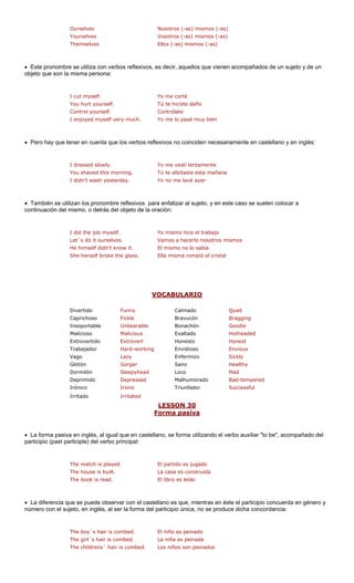 Ourselves Nosotros (-as) mismos (-as) 
Yourselves Vosotros (-as) mismos (-as) 
Themselves Ellos (-as) mismos (-as) 
• Este pronombr liza con verbos reflexivos, e os que vienen acompañados de un sujeto y de un 
objeto que son la misma persona: 
self. 
Control yourself. Contrólate 
I enjoyed myself very much. Yo me lo pasé muy bien 
• Pero hay que tener en cuenta que los verbos reflexivos no coinciden necesariamente en castellano y en inglés: 
ente 
orning. ste esta mañana 
• También se utilizan los pronombre reflexivos para enfatizar al sujeto, y en este caso se suelen colocar a 
continuación del mismo, o detrás del objeto de la oración: 
otros mismos 
He himself didn't know it. El mismo no lo sabía 
She herself broke the glass. Ella misma rompió el cristal 
V 
e se utis decir, aquellI cut myself.Yo me cortéYou hurt yourTú te hiciste dañoI dressed slowly.Yo me vestí lentamYou shaved this mTú te afeitaI didn't wash yesterday.Yo no me lavé ayerI did the job myself.Yo mismo hice el trabajoLet´s do it ourselves.Vamos a hacerlo nos 
OCABULARIO 
Quiet 
Bragging 
Insoportable Unbearable Bonachón Goodie 
Malicioso Malicious Exaltado Hotheaded 
Extrovertido Extrovert Honesto Honest 
Trabajador Hard-working Envidioso Envious 
Vago Lazy Sickly 
Glotón Gorger Sano Healthy 
Dormilón head Loco 
Deprimido ssed Malhumorado ered 
Irónico Triunfador ful 
Irritado 
LESSON 30 
Divertido FunnyCalmado 
Caprichoso Fickle 
Bravucón 
Enfermizo 
Sleepy 
Mad 
Depre 
Bad-temp 
Ironic 
Success 
Irritated 
Forma pasiva 
• La forma pasiva en inglés, al igual llano, se forma utilizando el verbo auxiliar "to be", acompañado del 
participio (past participle) del verbo p 
The match is played. do 
The house is built. ida 
The book is read. El libro es leído 
• La diferencia que se puede observar con el castellano es que, mientras en éste el participio concuerda en género y 
número con el sujeto, en inglés, al ser la forma del participio única, no se produce dicha concordancia: 
ombed. 
ombed. 
The childrens´ hair is combed. Los niños son peinados 
que en caste 
rincipal: 
El partido es jugaLa casa es construThe boy´s hair is c 
El niño es peinado 
The girl´s hair is c 
La niña es peinada  