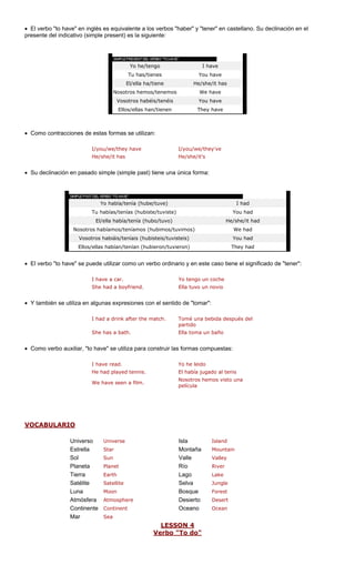 • El verbo "to have" en inglés es equivalente a los verbos "haber" y "tener" en castellano. Su declinación en el 
presente del indicativo (simple present) es la siguiente: 
Yo he/tengo I have 
Tu has/tienes You have 
E e 
l/ella ha/tien He/ as 
Nosot emos 
she/it h 
ros hemos/ten 
We have 
Vos éis 
otros habéis/ten 
You have 
Ellos/ellas han/tienen 
They have 
• Como contracciones de estas formas se utilizan: 
I/you/we/they have I/you/we/they've 
He/she/it's 
• Su declinación en pasa st) tiene una 
He/she/it has 
do simple (simple pa 
única forma: 
Yo había/tenía (hube/tuve) I had 
Tu habías/tenías (hubiste/tuviste) You had 
El/ella había/tenía (hubo/tuvo) He/she/it had 
Nosotros habí uvimos) We 
amos/teníamos (hubimos/t 
had 
Vosotros eis) 
habiáis/teníais (hubisteis/tuvist 
You had 
Ellos/ella eron) 
s habían/tenían (hubieron/tuvi 
They had 
• El verbo "to have" en este caso tie ificado de "tener": 
I have a car. Yo tengo un coche 
She had a boyfriend. Ella tuvo un novio 
Y también se utiliza en algunas expresiones con el sentido de "tomar": 
match. espués del 
partido 
ño 
• Como verbo auxiliar, "to ir las 
He had played tennis. El había jugado al tenis 
na 
película 
OCABULARIO 
se puede utilizar como un verbo ordinario y 
ne el sign 
• 
I had a drink after the 
Tomé una bebida d 
She has a bath.Ella toma un ba 
have" se utiliza para constru 
formas compuestas: 
I have read. 
Yo he leido 
We have seen a film. Nosotros hemos visto u 
V 
Universo Universe Isla Island 
Star Montaña Mountain 
Sun Valle Valley 
e 
e 
a ere to t 
n 
LESS 
EstrellaSol 
Planeta Tierra 
Planet 
Río Lago 
RiverEarth 
Selva Lake 
Satélite 
SatellitMoon 
JungleForest 
Luna 
Atmóser 
Bosu 
qDesie 
fContinente 
AtmosphContinent 
rOcean 
DeserOcea 
o 
Mar 
Sea 
ON 4 
Verbo " 
To do"  